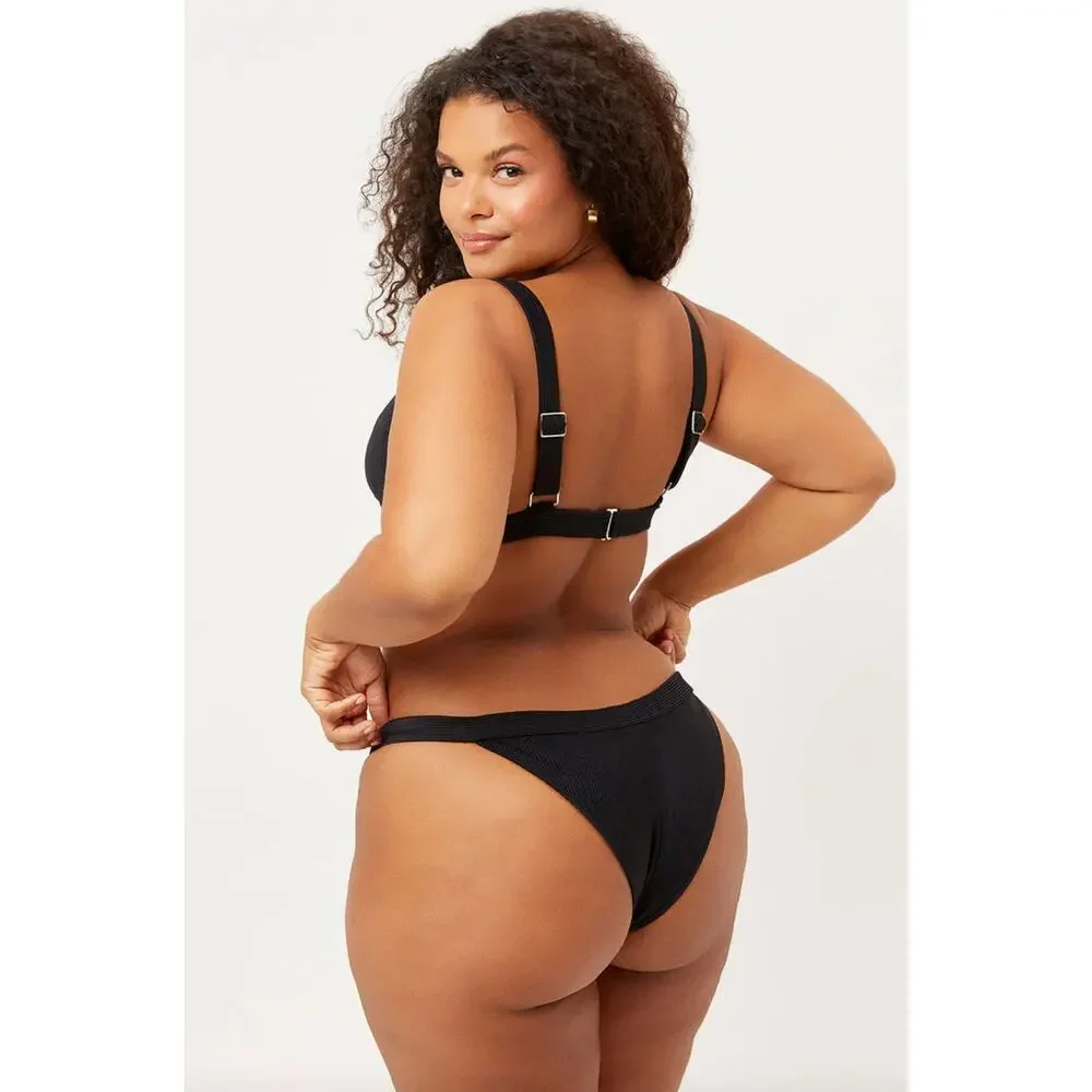 Frankies Bikinis Grace Cheeky Bikini Bottom - Black RIbbed - L - NWT